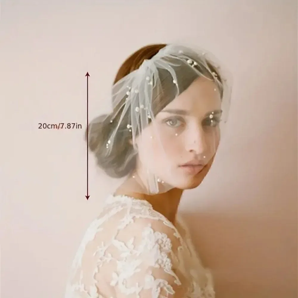 Pearl Accent Birdcage Short Wedding Bridal Veil With Comb